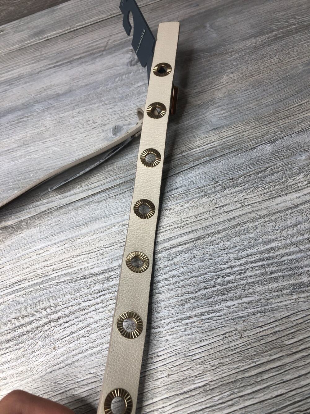 NWT AllSaints Ivory and Gold Leather Casual Eyelet Belt Sz XL